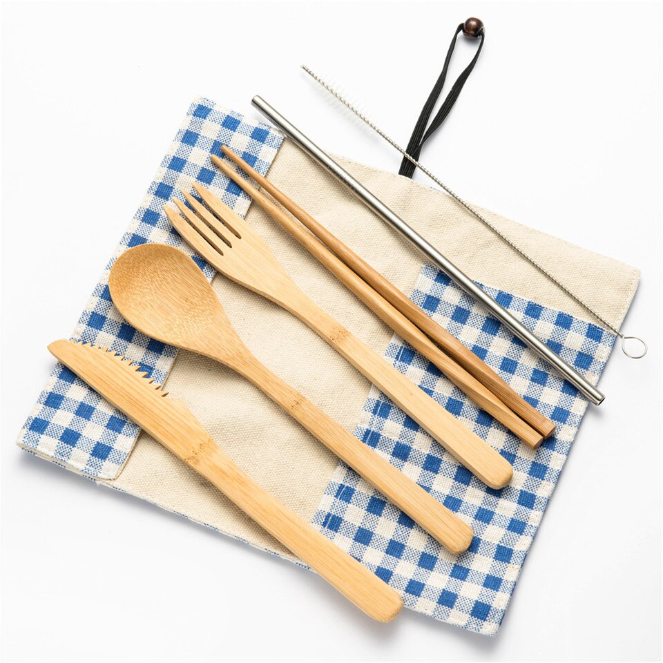 Hout Bestek Servies Vork Lepel Mes Tandenborstel Eetstokjes met Bestek Zak Draagbare Bestek Reizen Bestek Set