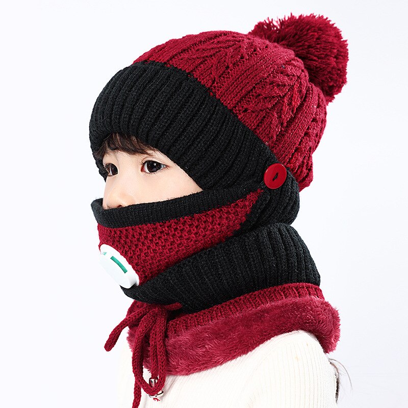 3 in 1 Kids Knitted Scarf Hat Face Mask Set with Breathing Valve Winter Warm Soft for Children Outdoor -MX8: Wine red