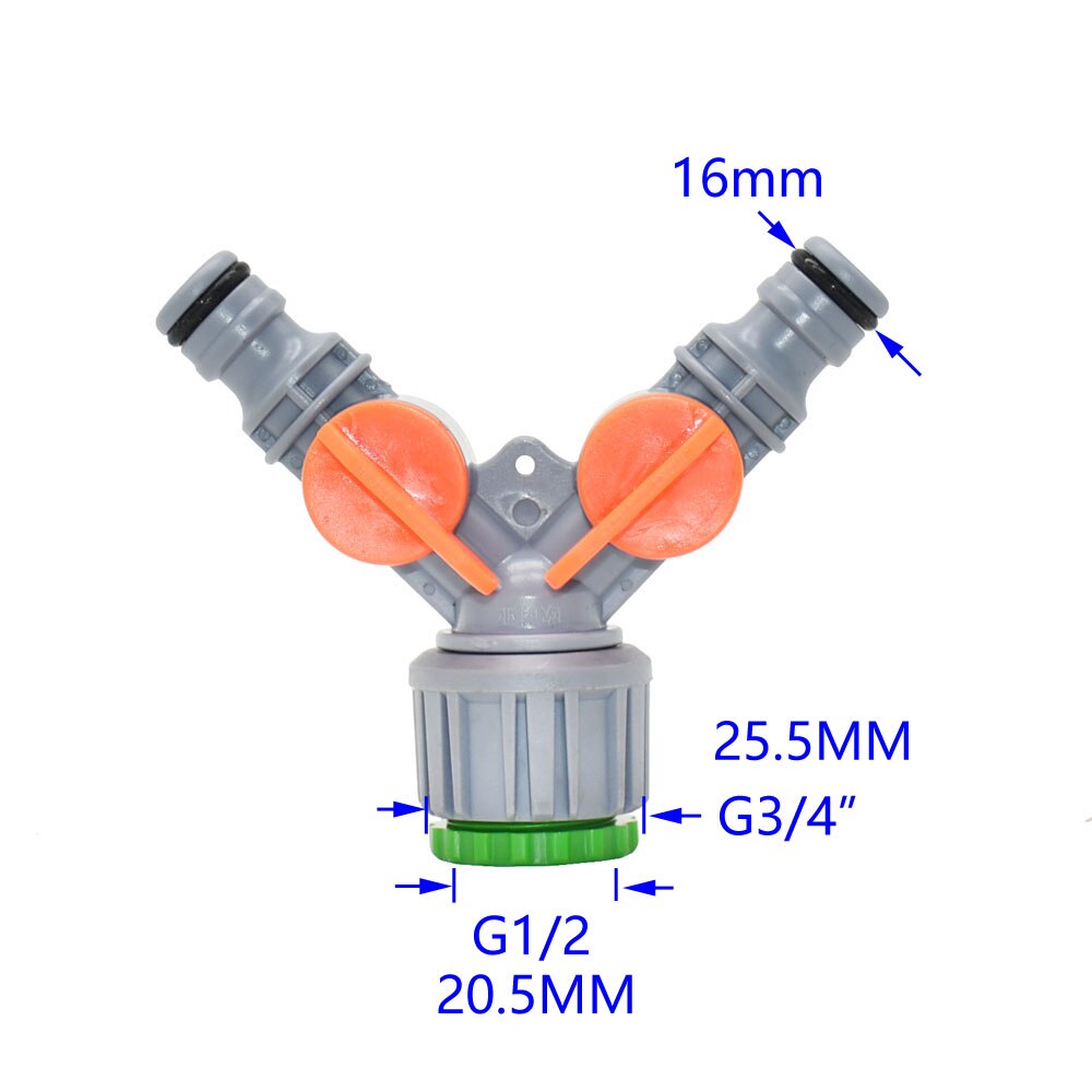 Garden Tap Hose Water Splitter 2-Way Tap Crane 16mm Quick Connector 1/2" 3/4" Female Water Irrigation Valve Adjustable Switch: 1I2 3I4 Thread