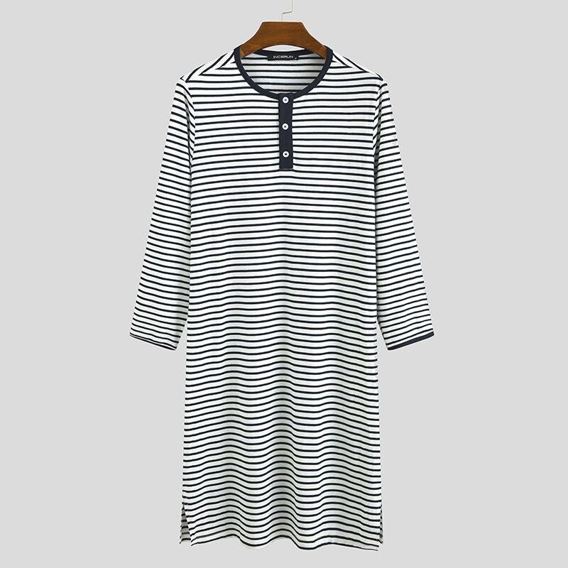 INCERUN Men Homewear Nightclothes Men Striped Sleep Tops Long Sleeve Round Neck Loose Nightgrown Casual Comfortable Sleepwear: White / M