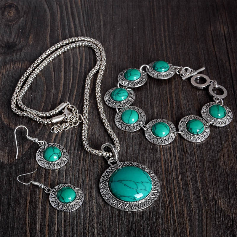SHUANGR impostato di Gioielli D'epoca Verde naturale pietra Rotonda Del Pendente Degli Orecchini Della Collana Dei Braccialetti Delle Donne Della Boemia bijoux femme