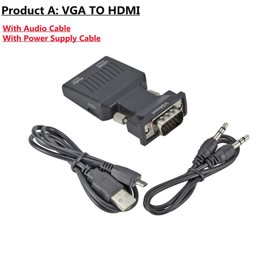 VGA to HDMI-compatible Converter Adapter 1080P VGA Adapter For PC Laptop to HDTV Projector Video Audio HDMI-compatible to VGA: black