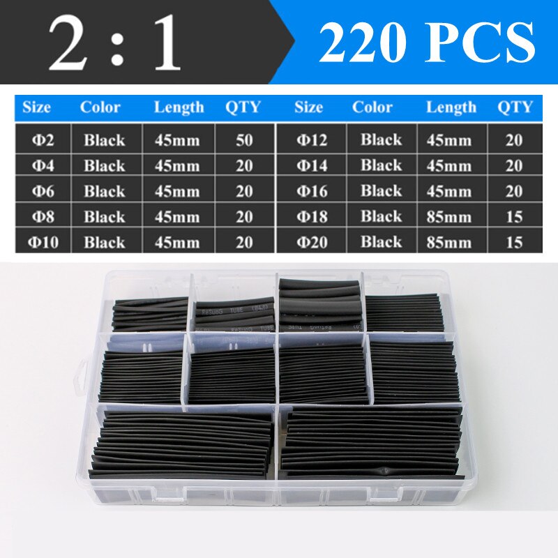 2：1 Shrinking Tubing Assorted Wire Cable Insulation Sleeving,Thermoresistant Tube Heat Shrink Wrapping Kit: 220pcs black Boxed