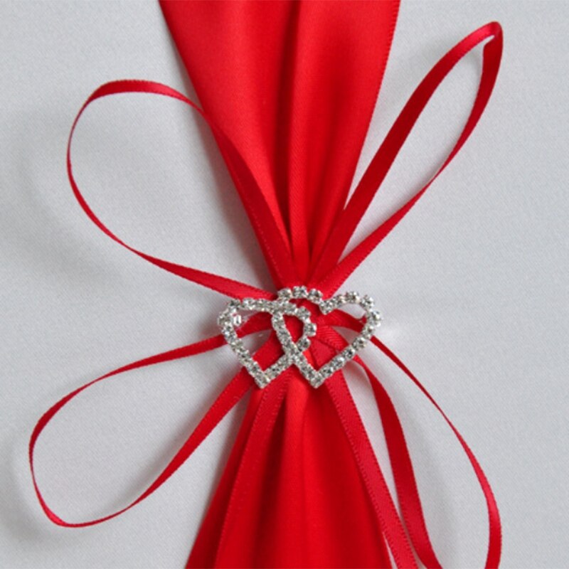 Wedding Guest Book With Pen Holder Sets Satin Bows Signature Book With Diamonds Love Shape For Party Decorations-Red+White