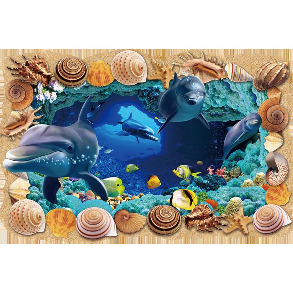 3D Underwater World Cave Stickers Dolphin Wall Decals Living Room Bedroom Kindergarten Floor Decoration Removable Wall Stickers