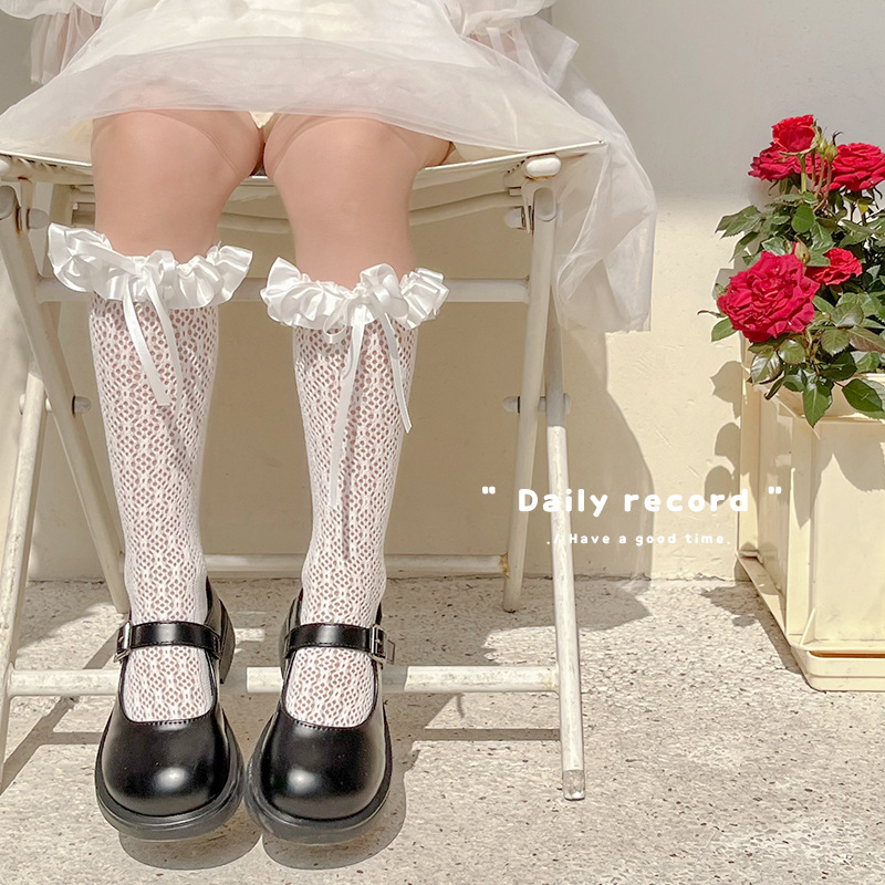 2022 New Spring Summer Girls calze al ginocchio calze a rete in pizzo per bambini Princess Bow Lolita Roll Socks tubo flessibile per studenti traspirante