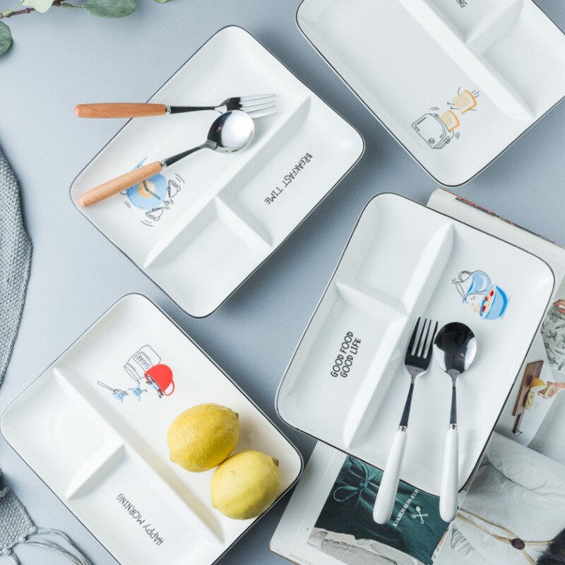 Nordic rectangular separating plate ceramic fruit snack dividing simple fast food breakfast tableware children home