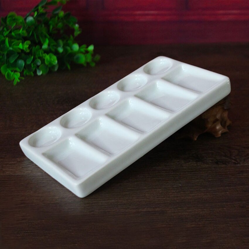 Paleta de pintura Rectangular de cerámica blanca para artistas, acuarela, pintura al óleo de acrílico, caligrafía, 10 pozos, 19,3*11*1,8 cm