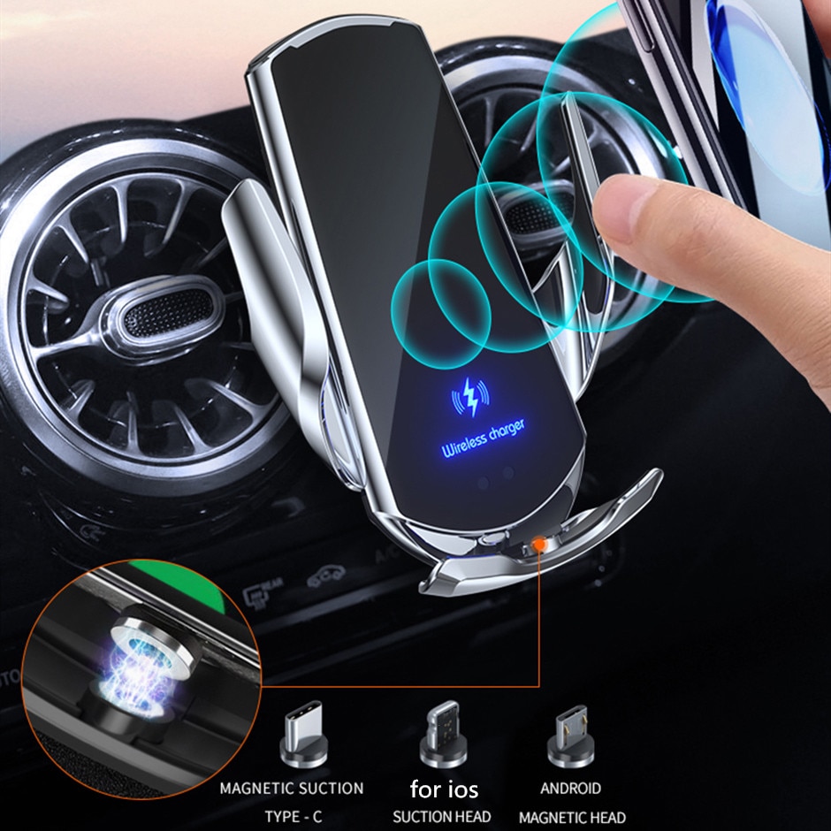 Cargador inalámbrico rápido automático para coche, soporte magnético de teléfono con Sensor infrarrojo, USB, 15W, para Samsung S20, S10, iPhone 12 Pro, Max, 11, XS, XR