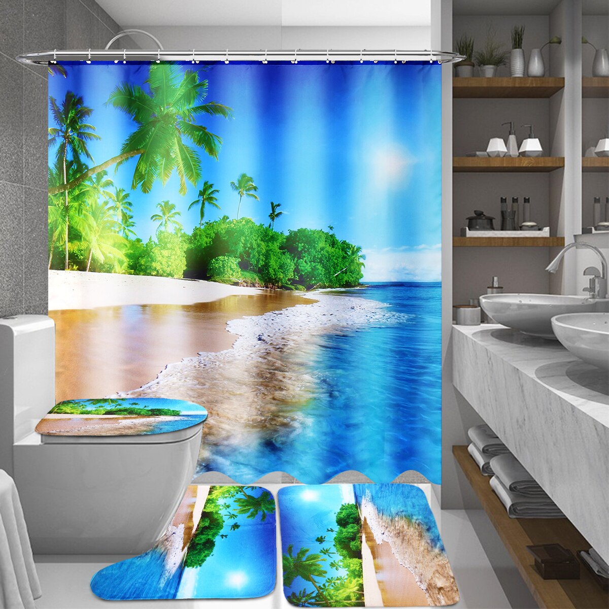 Coastal Strand Landschap Gedrukt Patroon Douchegordijn Voetstuk Tapijt Deksel Wc Cover Mat Badmat Set Badkamer Gordijnen Met Haken: J 4PCS