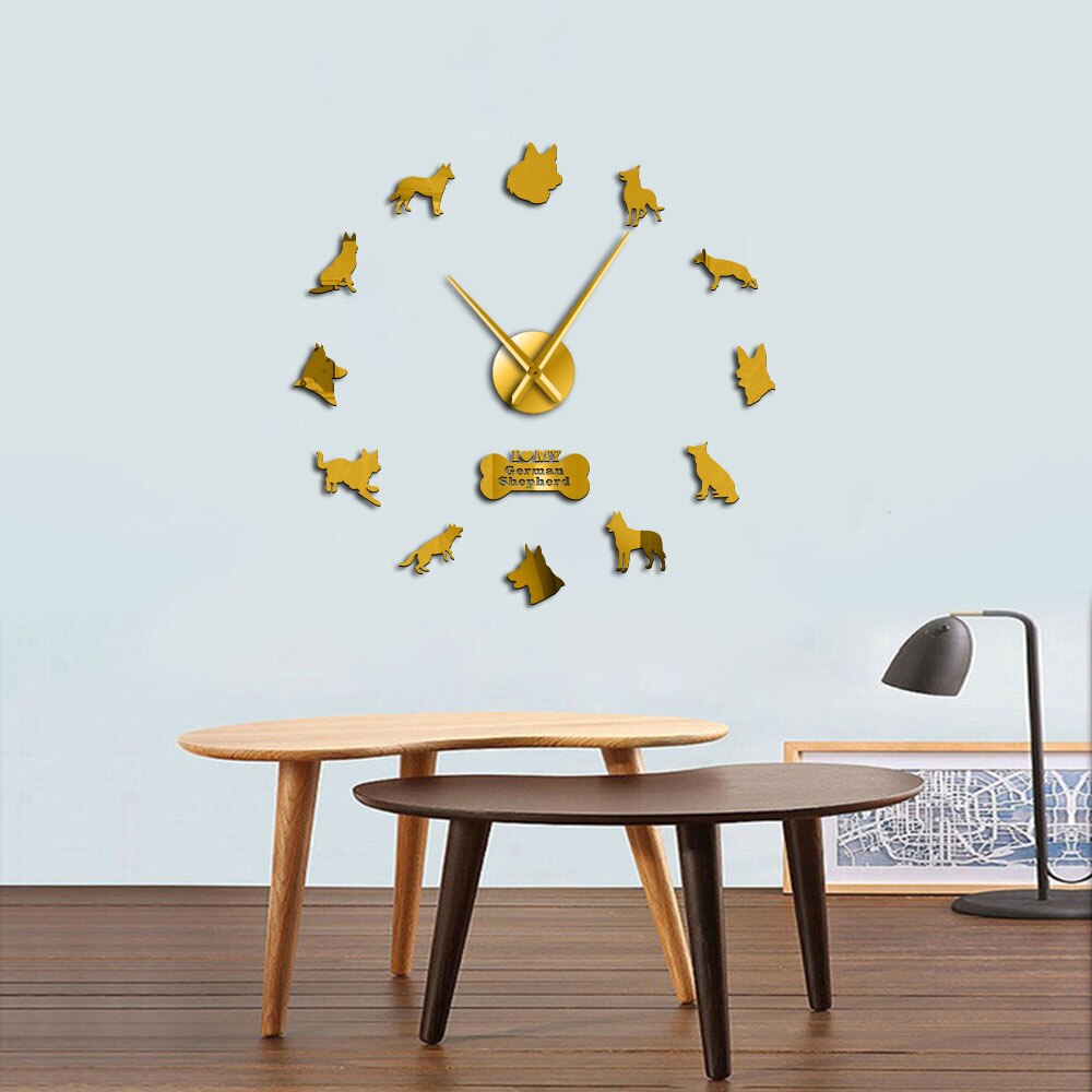 Horloge murale géante avec grandes aiguilles effet miroir loup alsacien berger allemand bricolage horloge murale Deutscher Schferhund chien Art mural