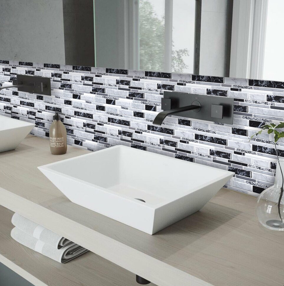 Easytiles 12 " x12 " zelfklevende tegels wit zwart marmer 3d behang anti-schimmel plak op achterwand tegel voor keuken  - 1 vellen