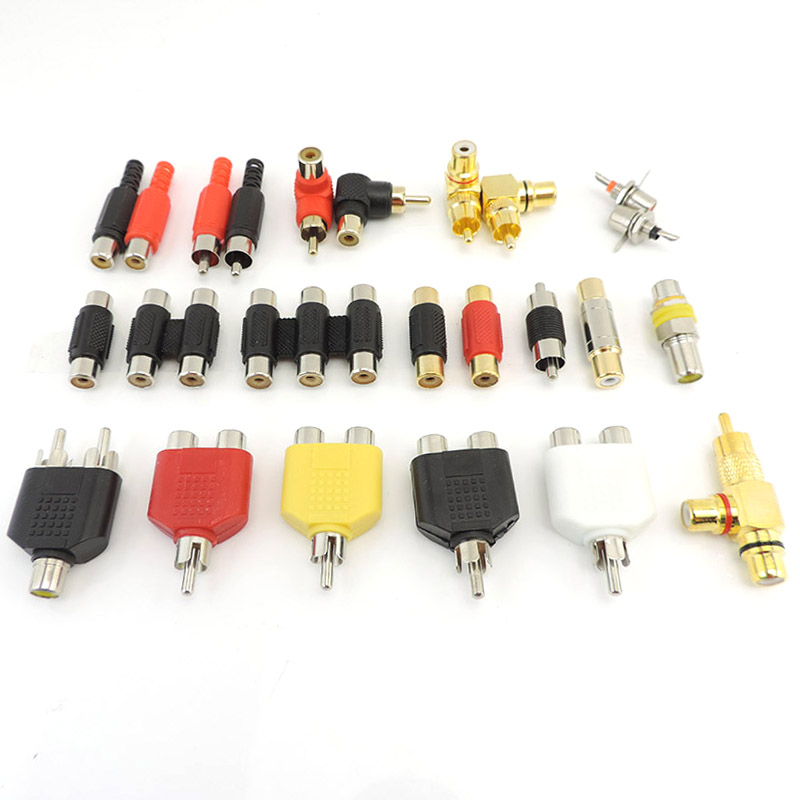 2 stks RCA Man vrouw naar 2rca 3rca man Vrouw RCA Connector Splitter Adapter AV Video Audio T Plug RCA 2 3 manier rechts angel a1