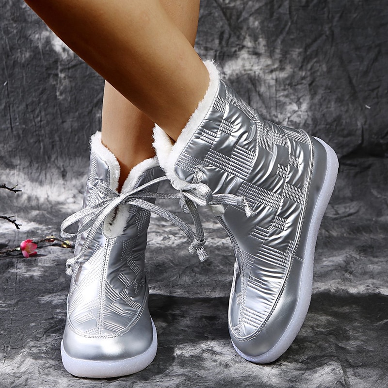 Rimocy Silver Fur Winter Warm Women Boots Long Plush Waterproof Platform Snow Boots Lace Up Plus Size 43 Ankle Boots Woman Shoes