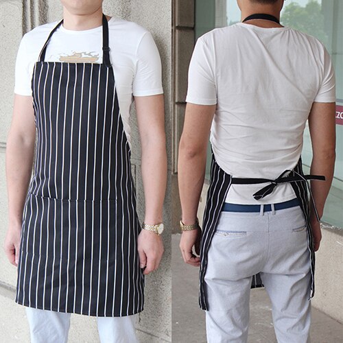 Kitchen Gadget Adjustable Black White Stripe Apron 2 Pockets Coffee Western Restaurant Chef Waiter Workwear Apron Home Apron