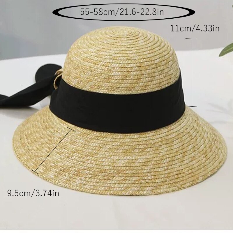 Stråhatt dame sommerlue for kvinner stor bred solhatt dame stor svart sløyfe strå dame bøtte strandhatt