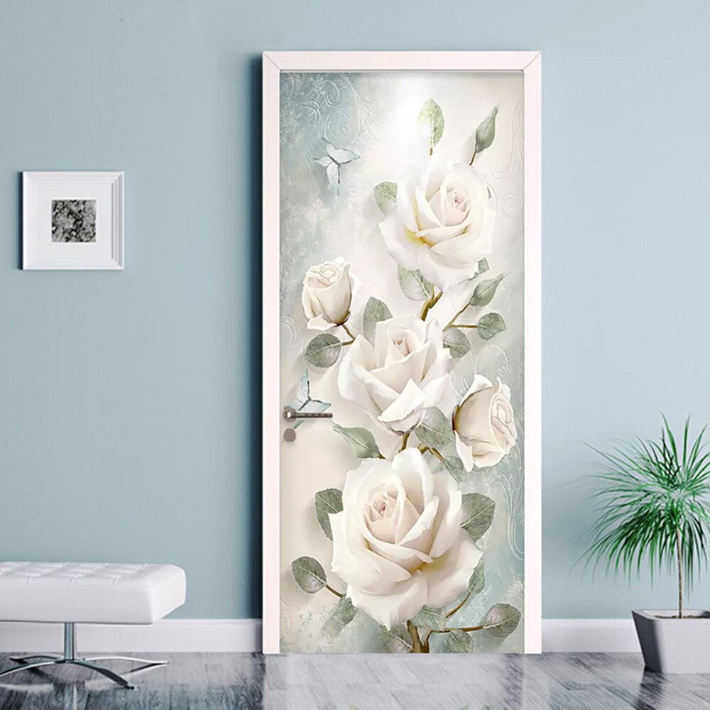 3D White Rose Flower Self-Adhesive Door Wallpaper Murals Wall Stickers Peel and Stick Door Poster for Home Decoration