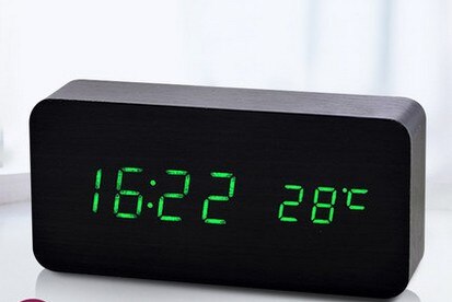 LED Intelligente Voice Control Wekker Met Thermometer, Houten Houten Klok, Digitale Horloge Klok, elektronische Klok En Kosten: Black green light