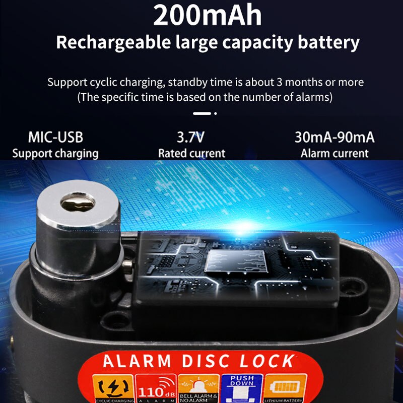 Lock-Motor Anti Theft Security Disc Brake Lock USB Charging Waterproof Alarm Disc Brake Lock 110db Alarm Locks+Reminder Cable