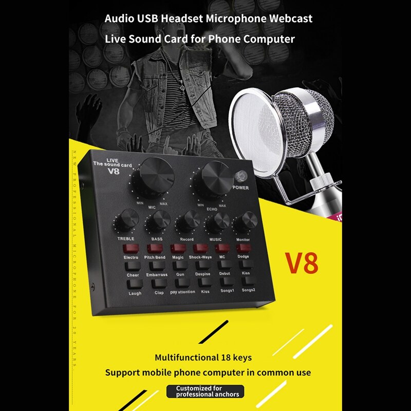 V8 Geluidskaart Audio Set Interface Externe Usb Live Microfoon Geluidskaart Bluetooth Functie Voor Computer Pc Mobiele Telefoon