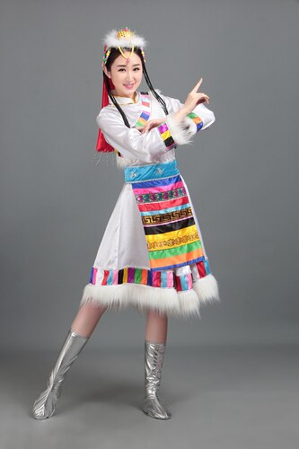 White Red Tibetan Mongolian Traditional Clothes Women's Ethnic Clothing Long Sleeved Fluffy Skirts Stage Mongolian Dance Costume