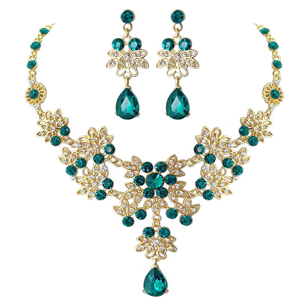 Baroque Retro Gold Red Green Blue Crystal Bridal Jewelry Sets Necklace Earrings Tiaras Crown Wedding African Beads Jewelry Set