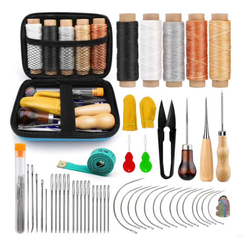 Zestaw narzędzi robić skóry, zestaw rzemieślniczy robić obróbki skóry z woskowaną nićą, szpikulcem robić szycia, igłami zakrzywionymi, naparstkiem, narzędzia robić naprawy dla początkujących i profesjonalistów.: zgniły zielony