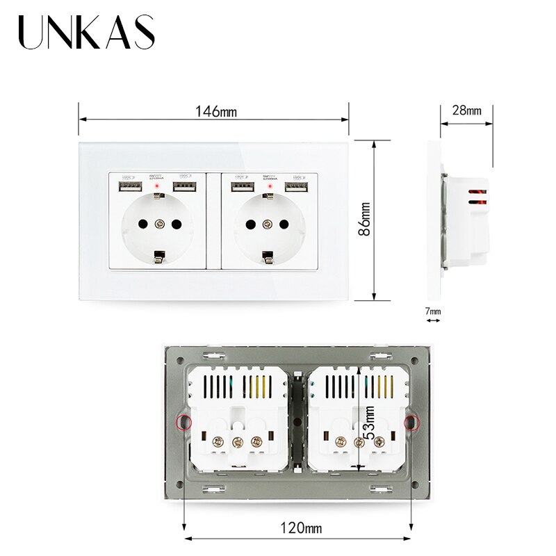 Unkas eu frans stopcontact met dubbele usb-poort + tv  rj11 telefoon  rj45 internet computeraansluiting 146mm * 86mm grijs glazen paneel stopcontact