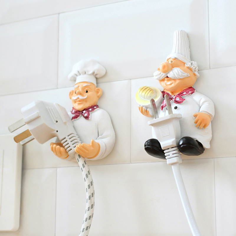 Cartoon Chef Plug Holder Power Cord Socket Hanger Organizer Wall Hanging Hook Resin Kitchen Hooks Gadgets Self Adhesive