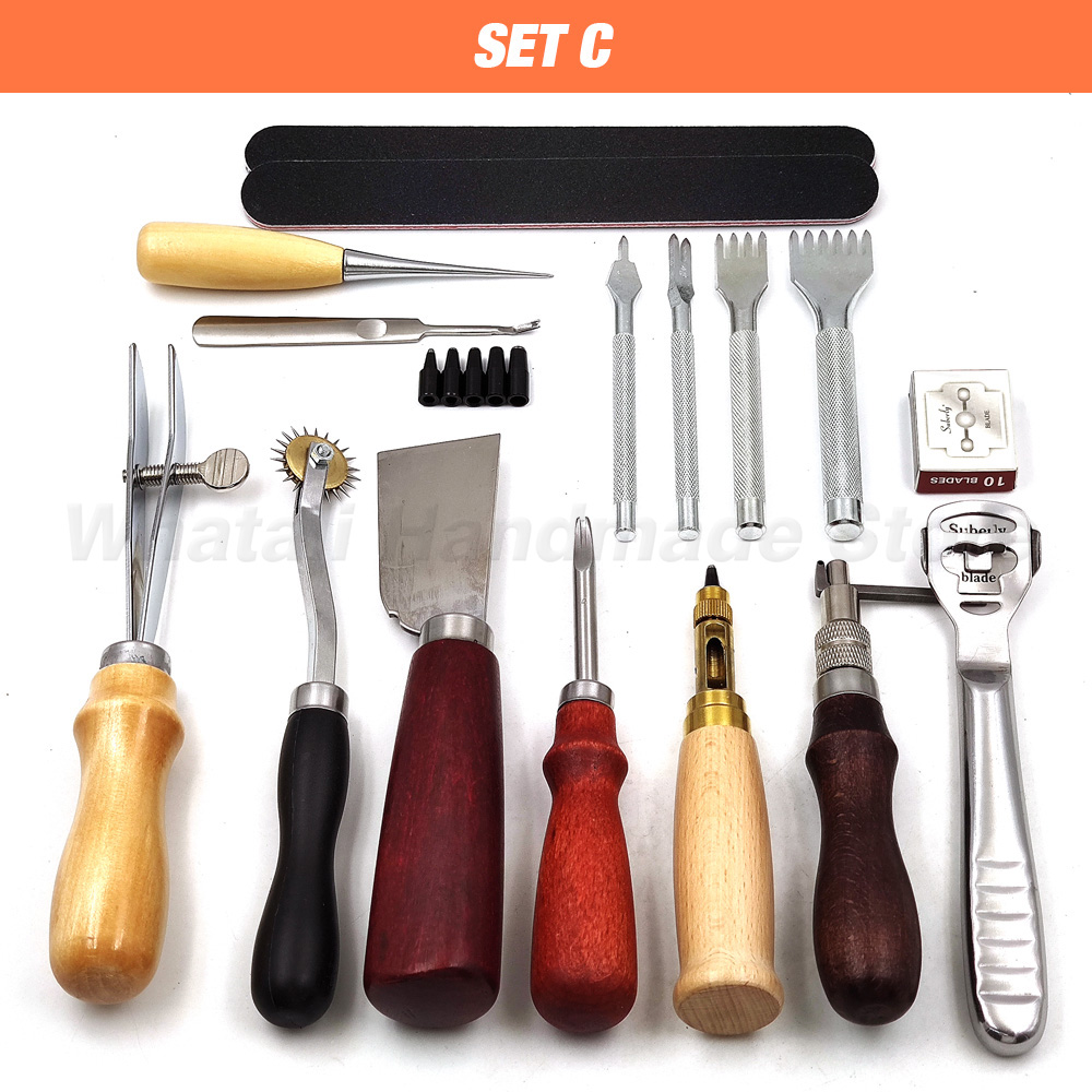 Leathercraft Tool Set Kits Pine Wood Hand Stitching Clamp Leather Punching Carving Saddle Groover Tools Storage Leathercraft DIY: SET C