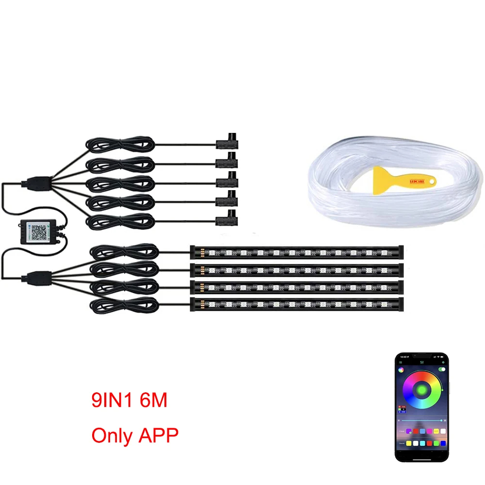 Iluminación LED ambiental de neón para coche, 6 en 1, 8m, RGB, tira de luz Interior de ambiente, Control por aplicación de fibra óptica, Lámpara decorativa LED automática: Marfíl / Azul oscuro