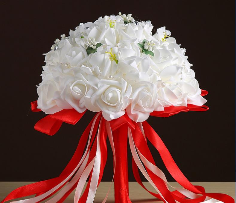 Bride wedding bouquet flower simulation flower white rose bouquet white red hand throw flower: Red
