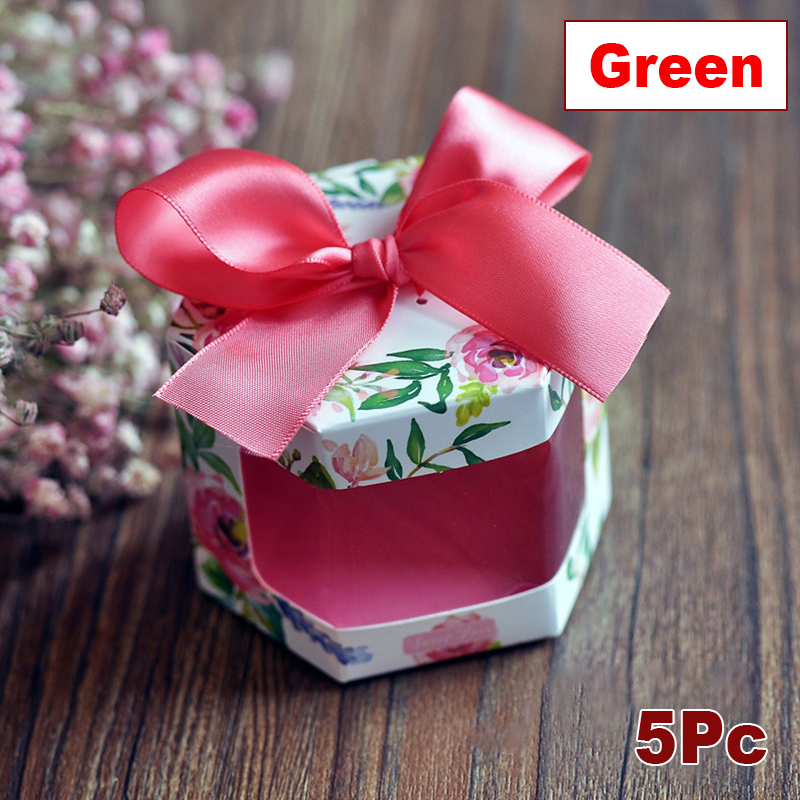 5Pcs Vintage Bloemen Gedrukt Dozen Snoep Hexagon Vorm Dozen Met Strik Lint Wedding Party Candy Chocolade Wikkelen Doos