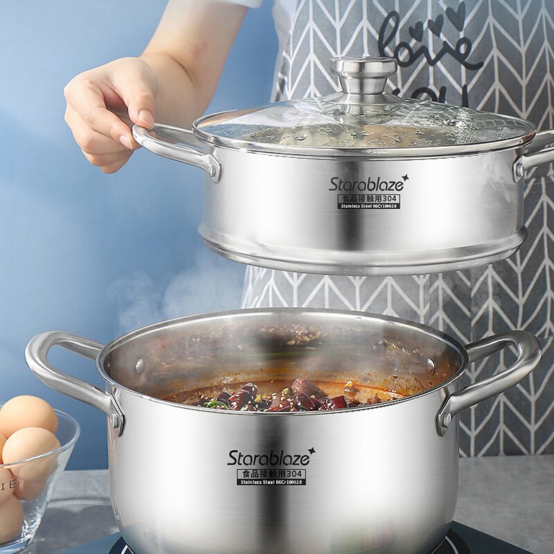 2 Layer Steam Cooker pot,304 Thicken Stainless Steel, Soup Pot with lid Universal for Induction Cooker Gas Stove Steam wok