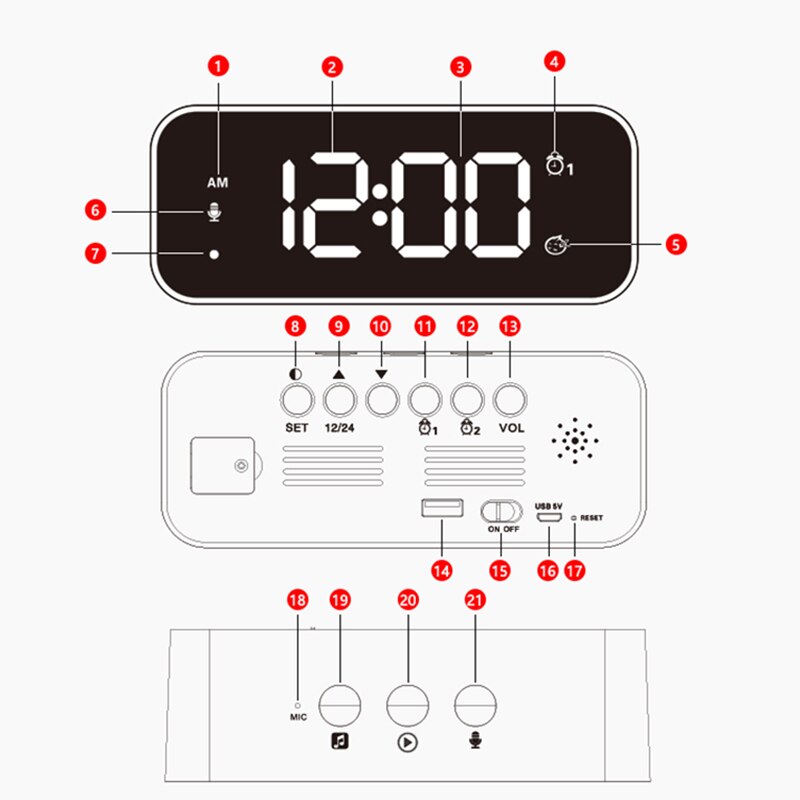 Digitale Wecker, Spiegel Musik Uhr, Sound Control,Dual Alarme, 12/24 H,8 Alarm Klingeltöne, Volumen & Helligkeit Einstellbar, Recharg