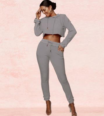 BKLD 2 Stücke Frauen Damen Trainingsanzug Ernte Hoodies Schlauch einstellen Für Frauen 2025 Herbst Neue lässig Langarm Neon- Orange Zwei Stück einstellen: XL / Grau