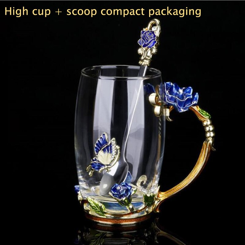 Skönhet och nyhet emalj kaffekopp mugg blomma te glas koppar för och kalla drycker te kopp sked set perfekt bröllop  b2: Svart