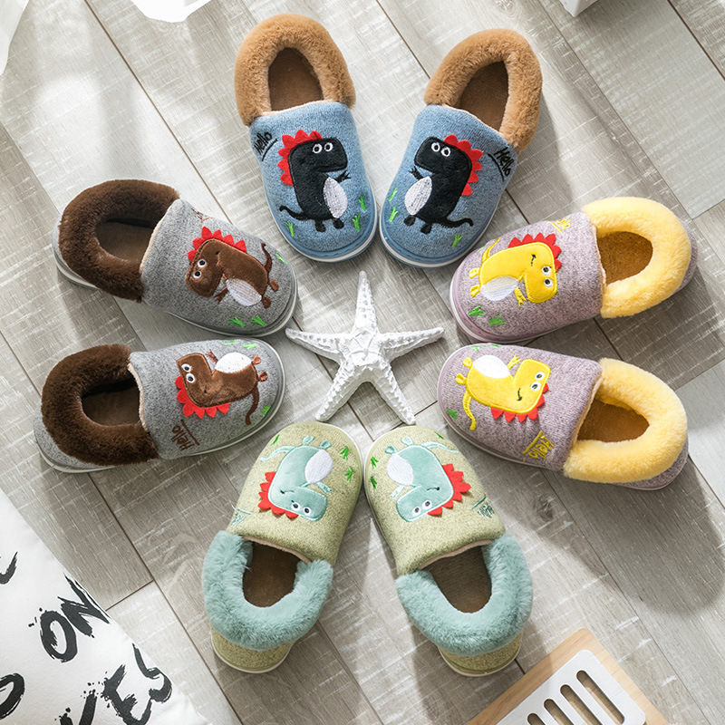 Pantoufles d'hiver pour enfants, en coton dinosaure, chaussures d'intérieur pour bébés, douces, antidérapantes, chaudes