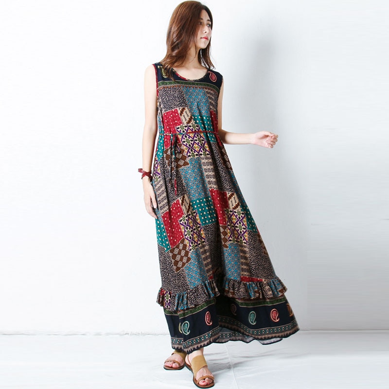ZANZEA verano dibujo bohemio mujeres cuello redondo sin mangas suelta playa Maxi vestido largo volantes Casual Sundress de talla grande