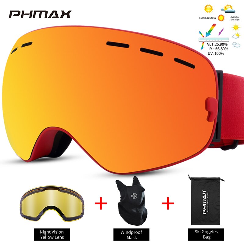 Phmax-óculos de esqui, unissex, máscara de neve, óculos de inverno, ski, com lentes amarelas, anti-neblina, snowboard: XJ-0104-SJ