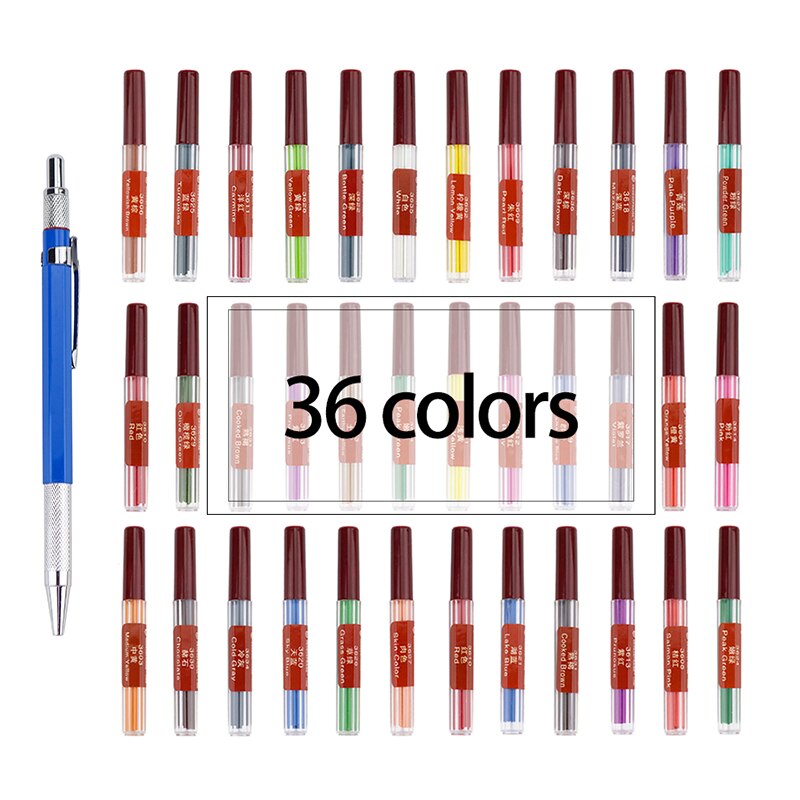 Mine de crayon mécanique/automatique remplaçable, recharges/noyau de 2.0mm, 36 couleurs, pour dessin: 1pen-36colors