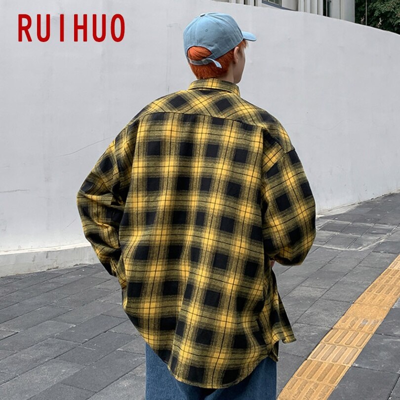 RUIHUO Plaid Men Shirts For Men Clothing Korean Style Men Shirt Long Sleeve Harajuku Plaid Shirt Korean Clothes 2XL Spring