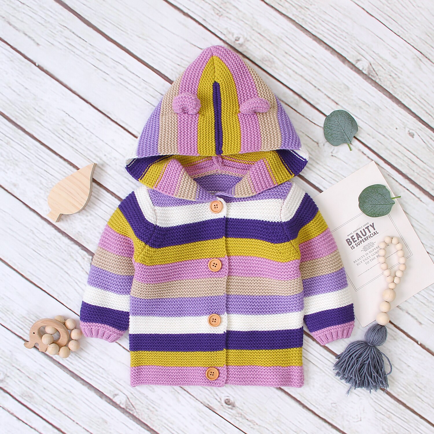 FOCUSNORM 0-24M Causal Baby Girls Boys Sweater Coats Colorful Striped Print Hooded Knit Warm Coats