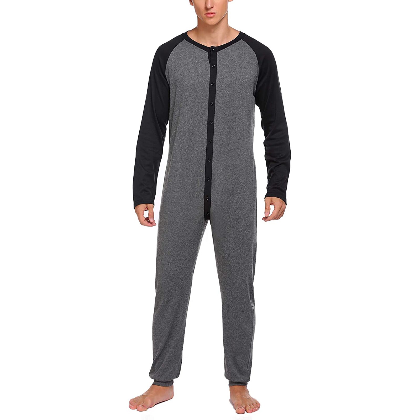 Mannen Diverse Kleur Een Stuk Pyjama Lange Mouw Ronde Kraag Knop Open Voorzijde Nachthemd Jumpsuits Homewear