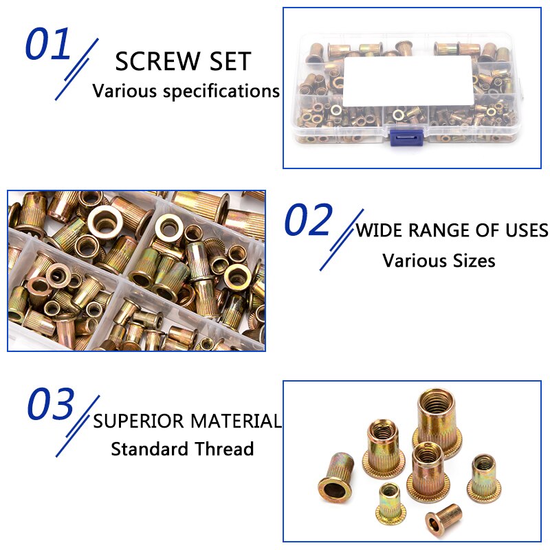 165pcs Zinc Rivet Nuts M3 M4 M5 M6 M8 Flat Head Knurled Zinc Alloy Rivet Nuts Set Multi Sizes Zinc Rivet-Nuts Assortment Kit