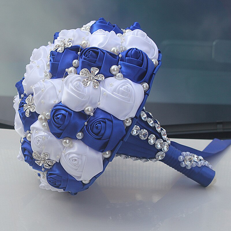 Janevini royal azul e branco cristal casamento bouquet diamante luxo frisado noiva flores fita de cetim rosa buquês de noiva 2020