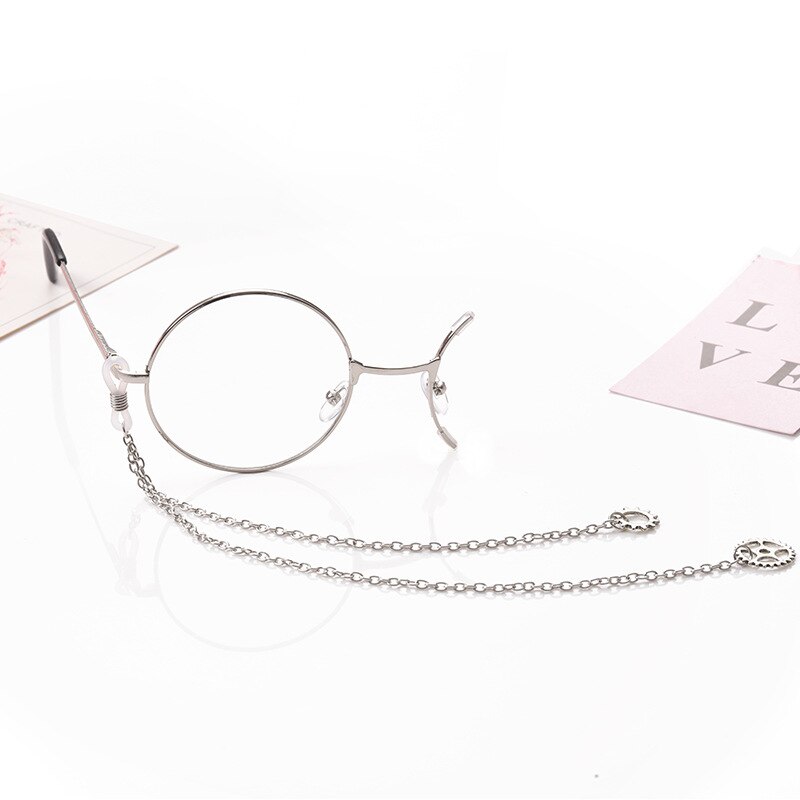 Vintage glasses with chain one eye round metal frame optical glasses steam punk style retro eyeglasses half frame: silver right