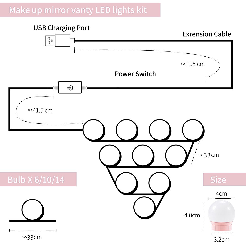 Led Make-Up Spiegel Gloeilamp Hollywood Vanity Light Usb Led Wandlamp Dimbare Kaptafel Spiegel Led Verlichting 2 6 10 14Pcs