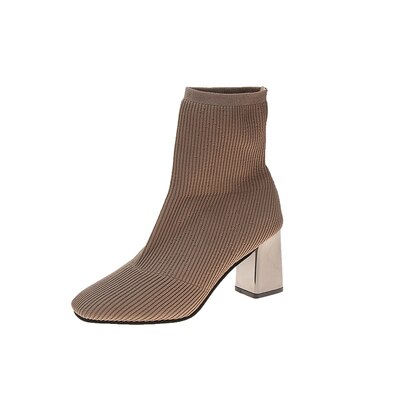 EOEODOIT Herbst Karree Stiefel Socke Schuhe Unterhose Auf Hohe Quadratische Ferse Frauen Pumpen Schuhe strecken Stoff: khaki / 7.5