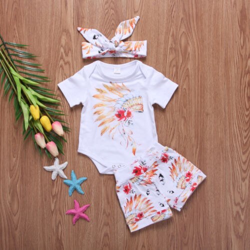 3pcs Newborn Baby Boy Girls Clothes Gypsy Feathers Print Romper+Shorts Pants Headband Baby Outfits Set